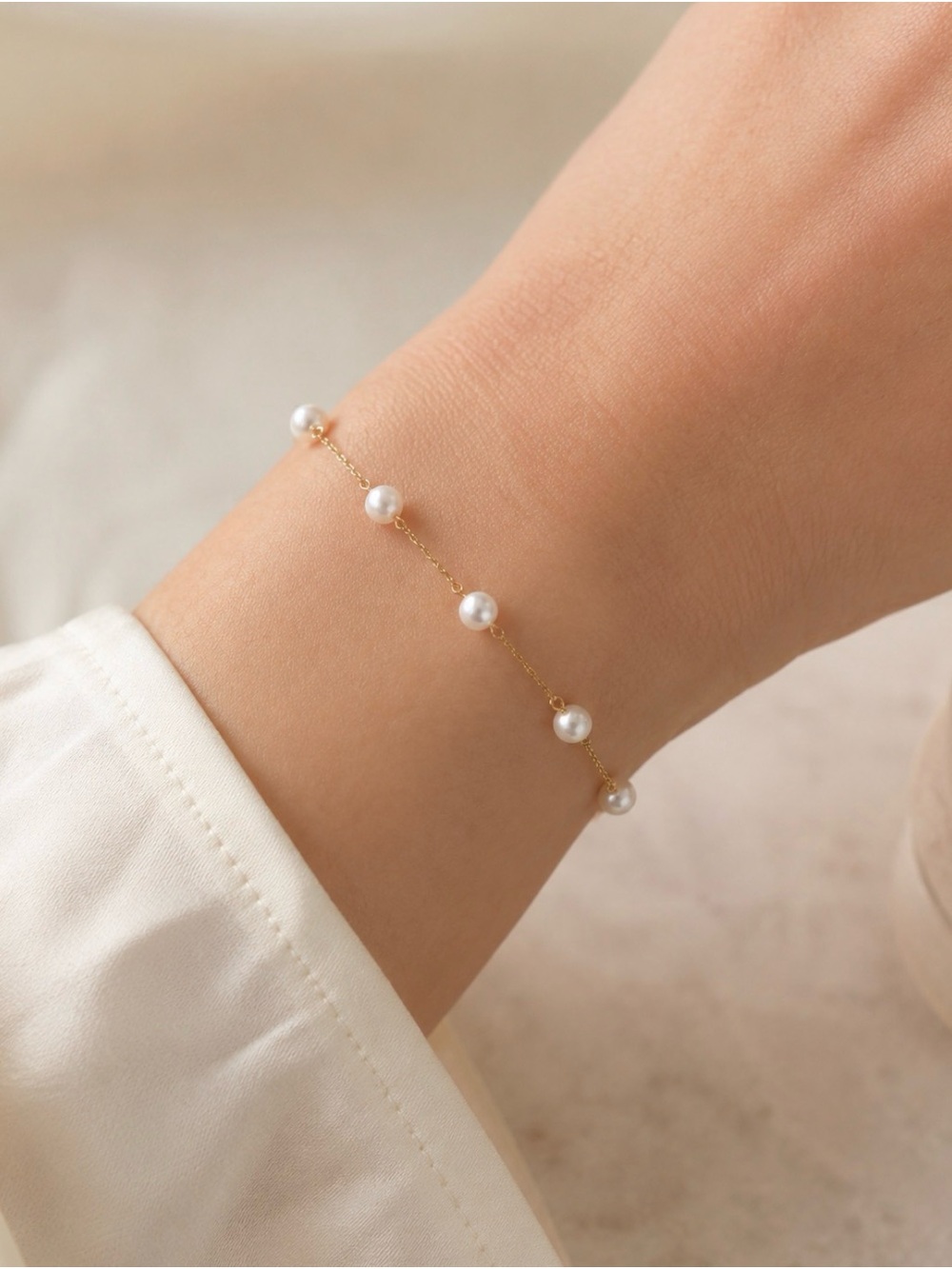 NWT 14K Yellow Gold 585 Genuine Freshwater Pearl Station Bracelet